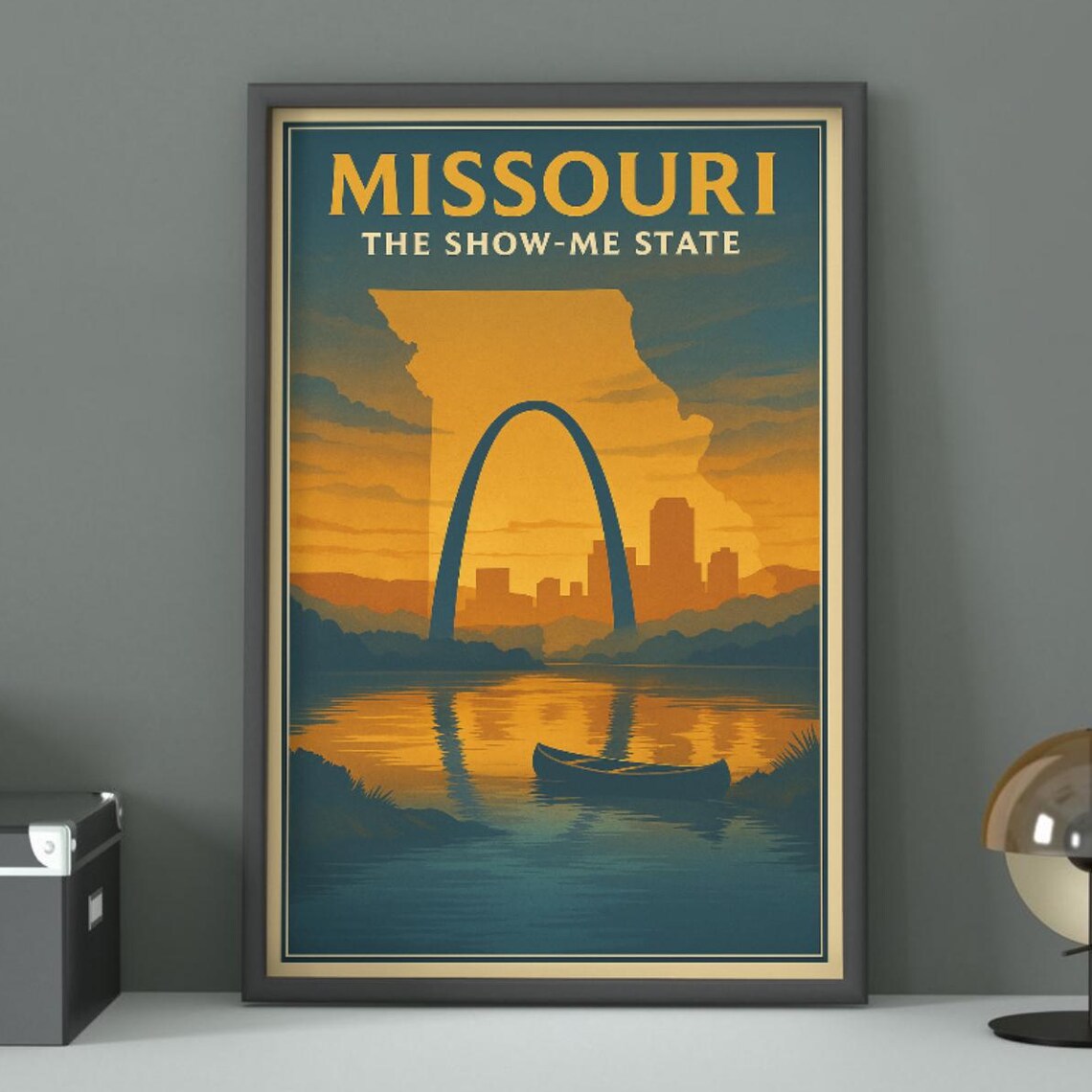 Missouri The Show Me State Retro Travel Art Print Gateway Arch Sunset