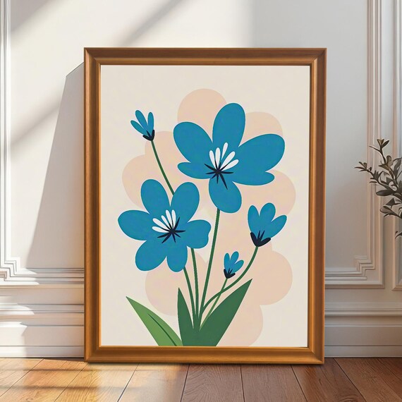 Whimsical Blue Flower Art Print Wood Framed Minimalist Botanical Wall Decor