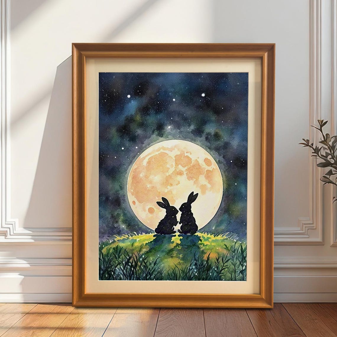 Watercolor Rabbits Under Moon Print Wood Framed Gicle Art