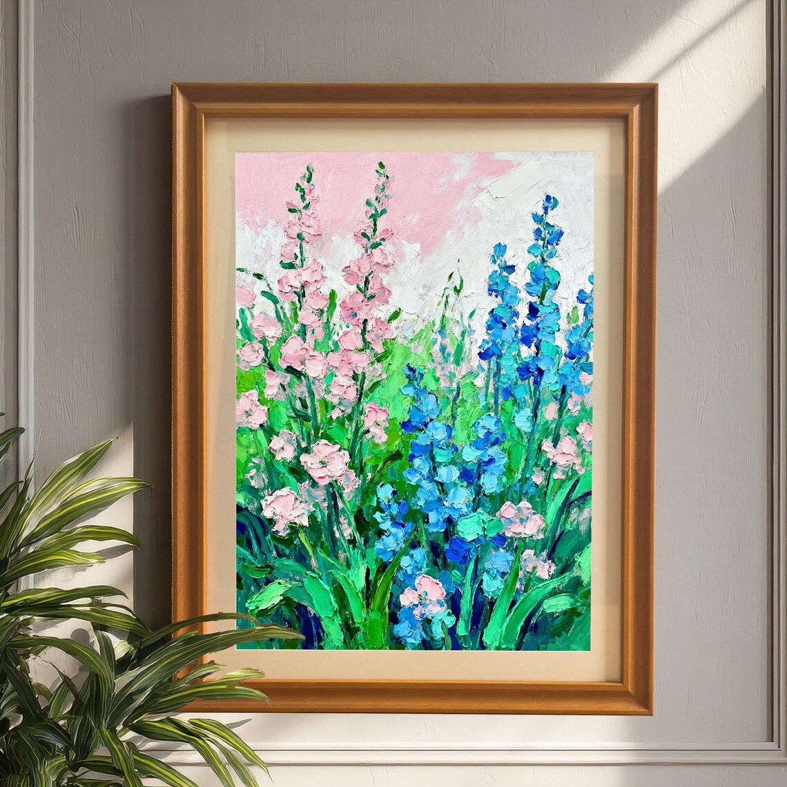 Impasto Delphinium Flowers Pink Blue Garden Oil Painting Poster