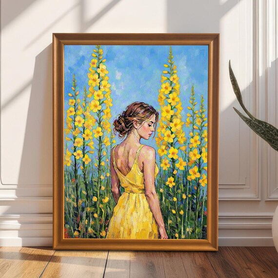 Woman in Yellow Sundress Among Tall Yellow Wildflowers Art Poster