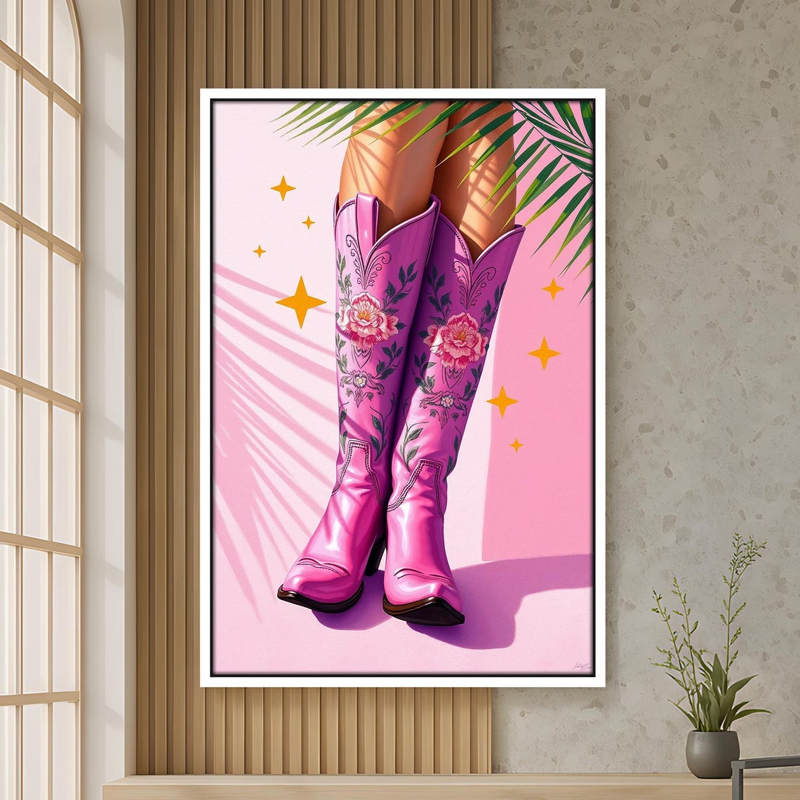Pink Cowgirl Boots Wall Art Floral Western Decor Retro Country Girl Print Feminine Poster Ready To Hang Ar754
