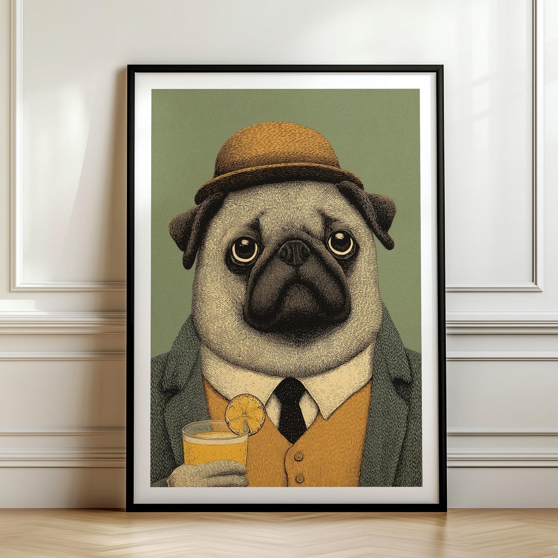Pug Drinking Juice Art Print