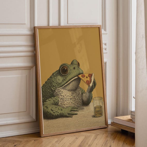 Frog Eating Pizza Poster Whimsical Animal Print