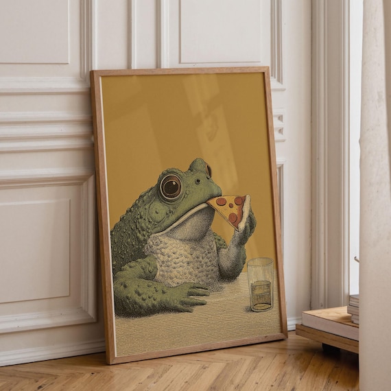 Funny Frog Eating Pizza Slice Vintage Engraving Style Kitchen Animal Poster
