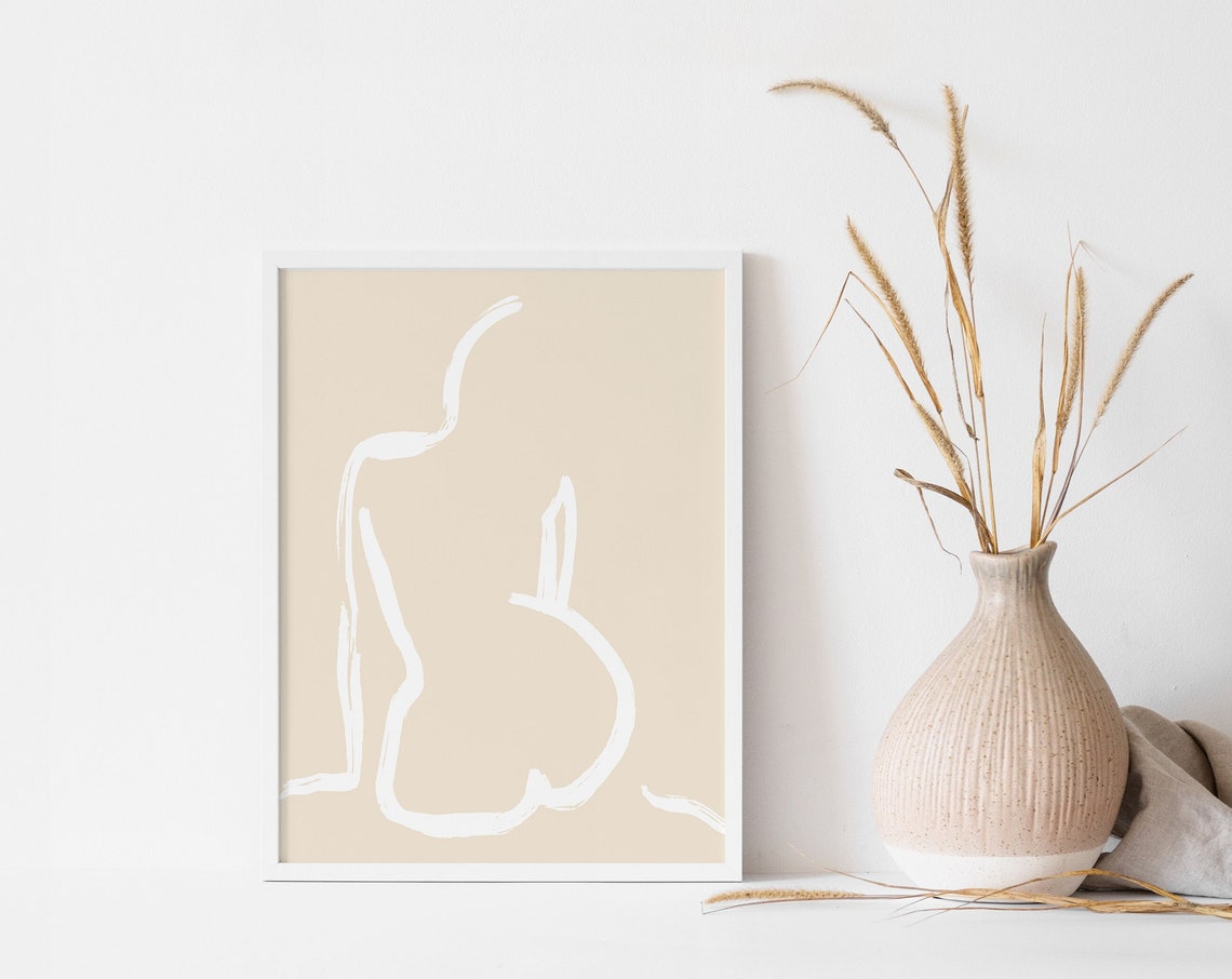 Abstract Seated Woman One Line Drawing Minimalist Beige Wall Art