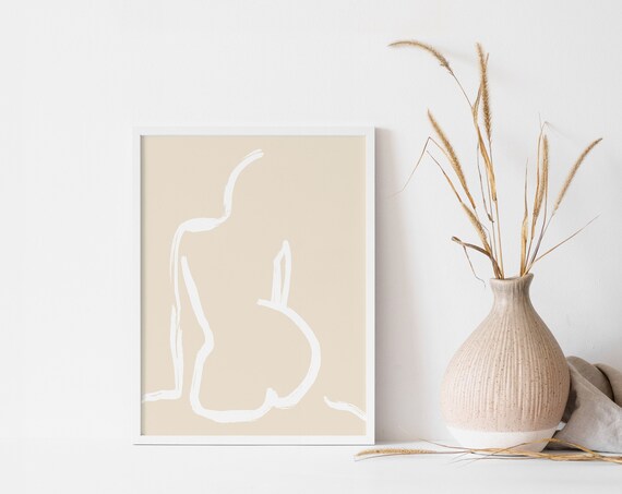 Abstract Seated Woman One Line Drawing Minimalist Beige Wall Art