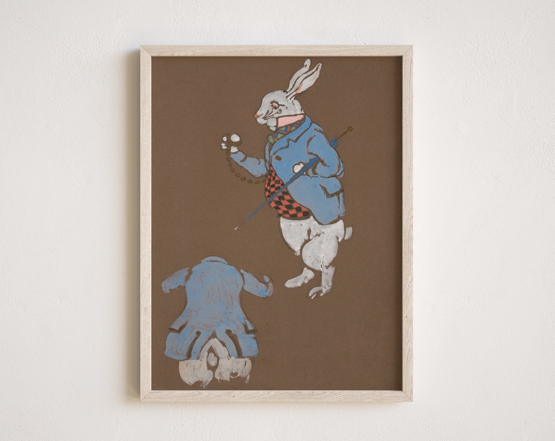 White Rabbit Alice In Wonderland Vintage Storybook Nursery Poster