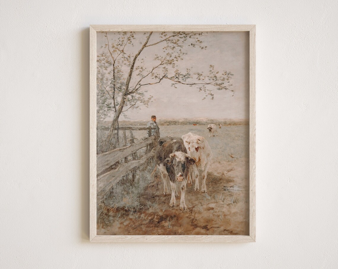 Vintage Muted Painting of Cows Walking Along Pasture Fence Poster - Image 2