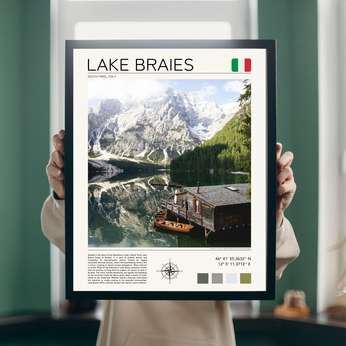 Lake Braies Italy Dolomites Boathouse Mountain Reflection Poster - Image 2