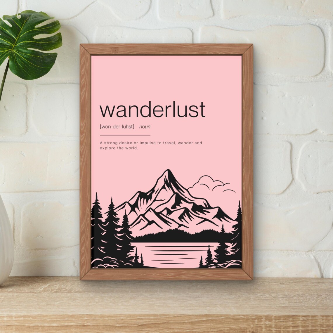 Wanderlust Definition Travel Quote Pink Mountain Silhouette Poster