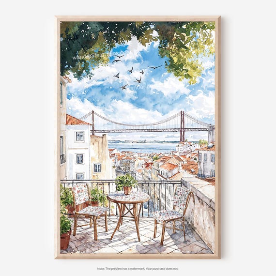 Cute Lisbon Watercolor Art With Morning Coffee On Balcony Scene As Wall Decor