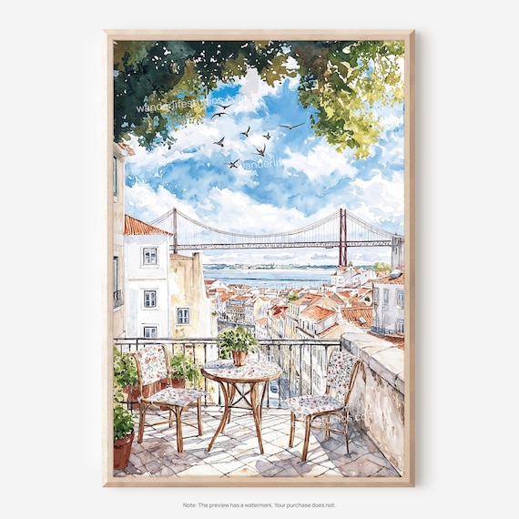 Lisbon Balcony Coffee View of 25 de Abril Bridge Watercolor Poster