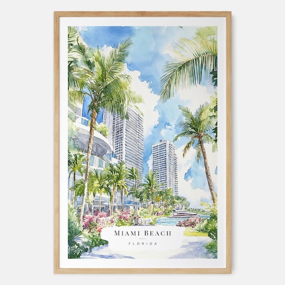 Miami Beach Florida Palm Trees Oceanfront Watercolor Travel Poster