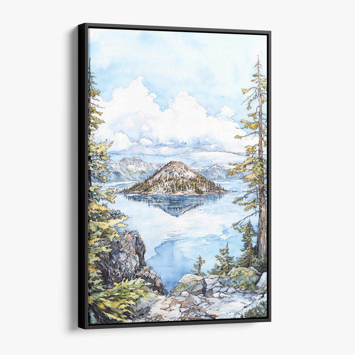 Crater Lake National Park Watercolor Wizard Island Blue Lake Wall Art