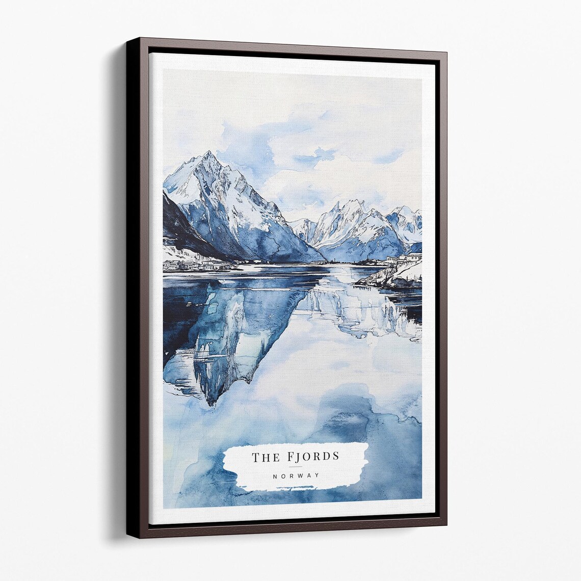 The Fjords Norway Snowy Mountains Reflection Watercolor Travel Poster