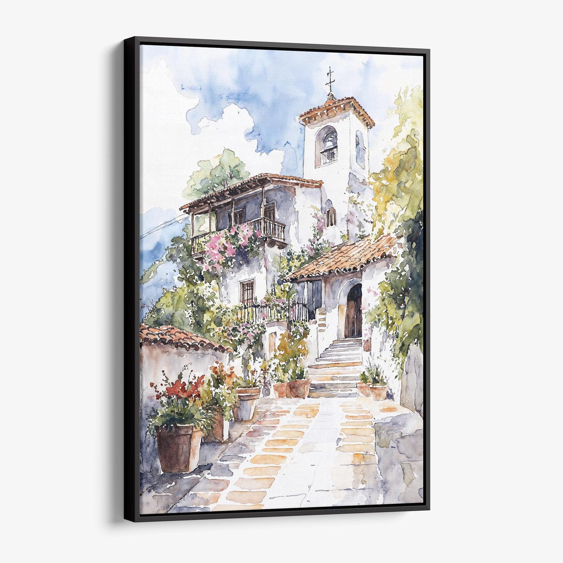 Spanish Mission Courtyard Bell Tower Bougainvillea Watercolor Poster