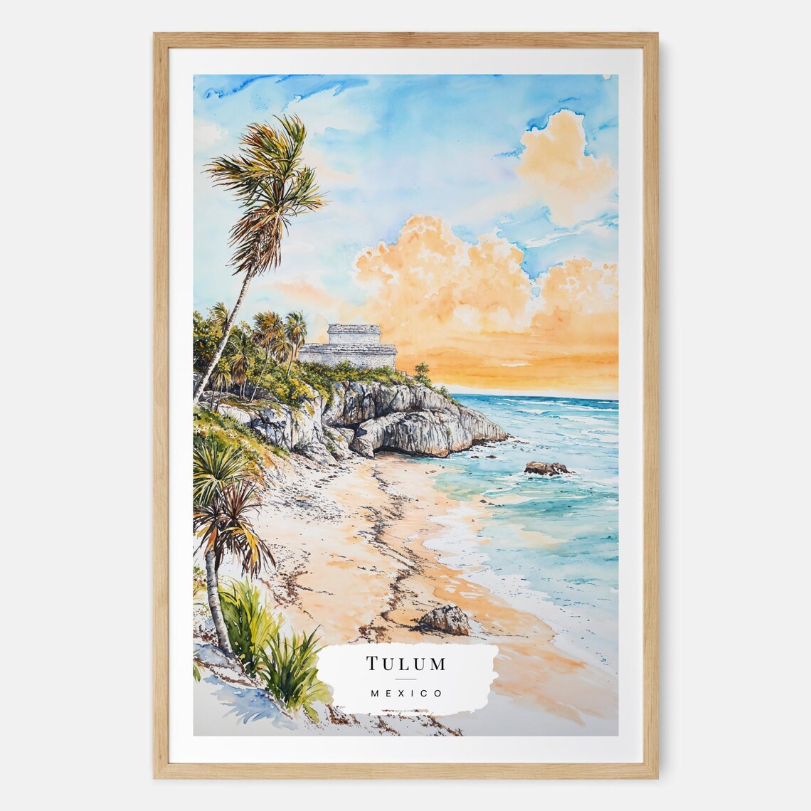 Tulum Mexico Watercolor Beach With Mayan Ruins Travel Art Poster