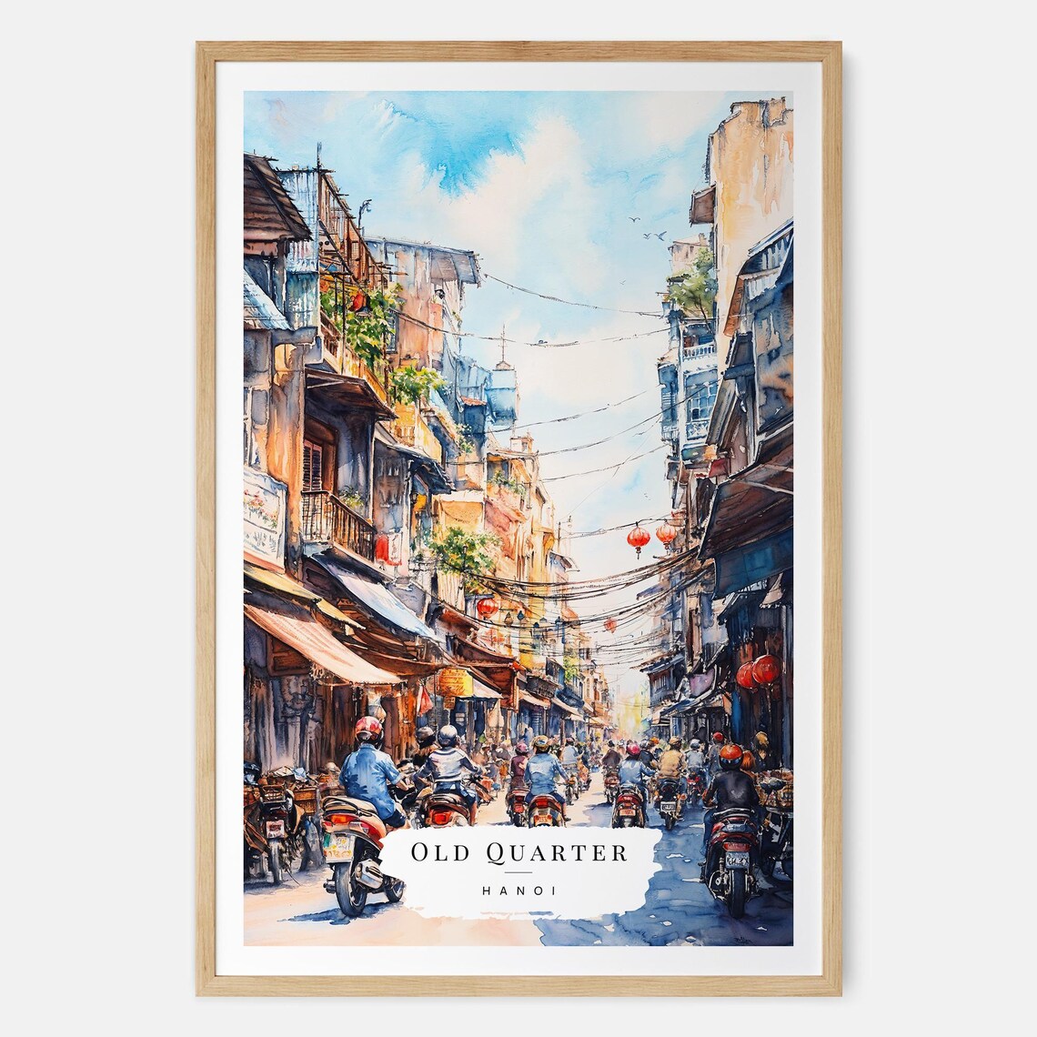 Hanoi Old Quarter Street Watercolor Motorbikes Travel Poster