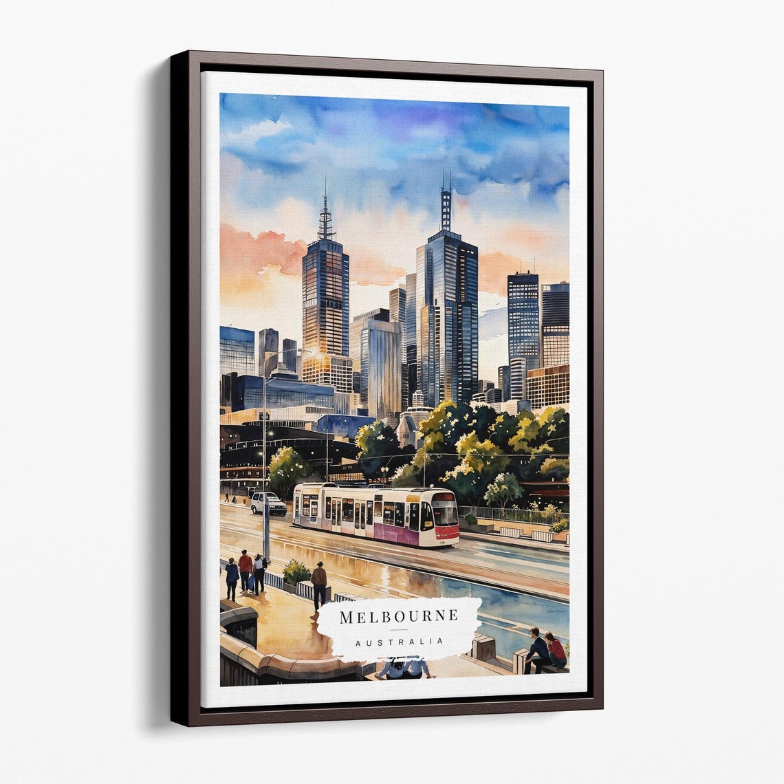 Melbourne Australia Watercolor Skyline with Tram Street Poster