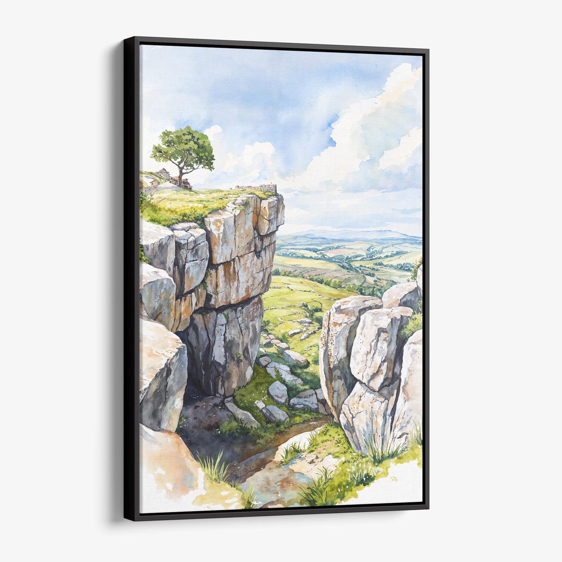 Rocky Cliff Edge Lone Tree Watercolor Valley View Nature Poster