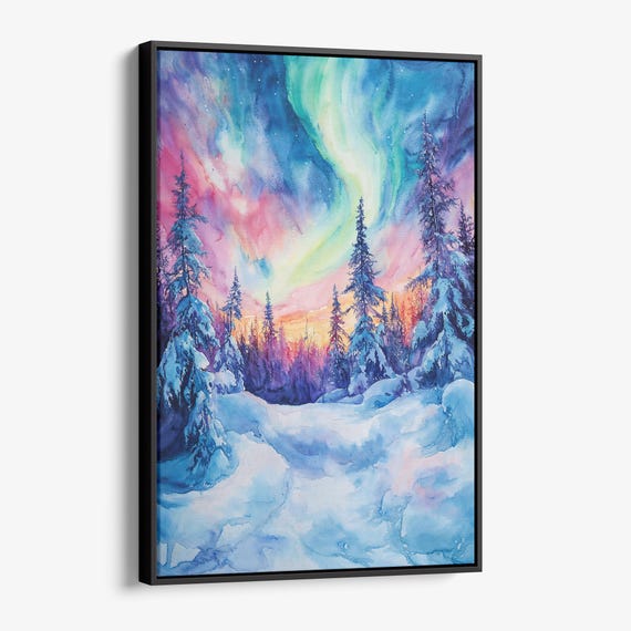 Fairbanks Northern Lights Canvas Print Watercolor Art Of Aurora Borealis