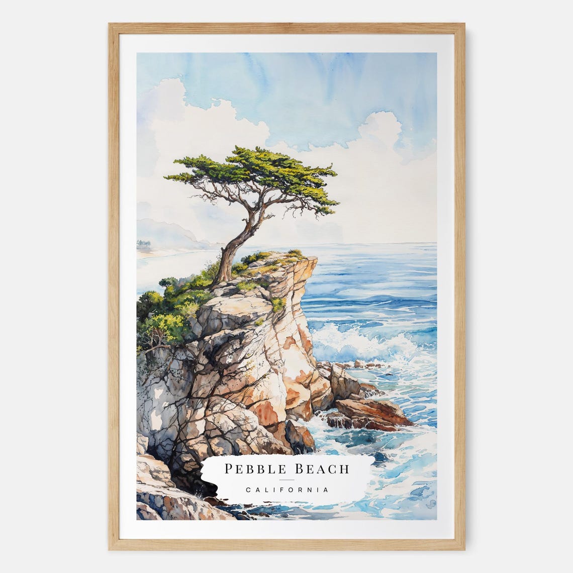 Pebble Beach California Lone Cypress Cliff Ocean Watercolor Poster
