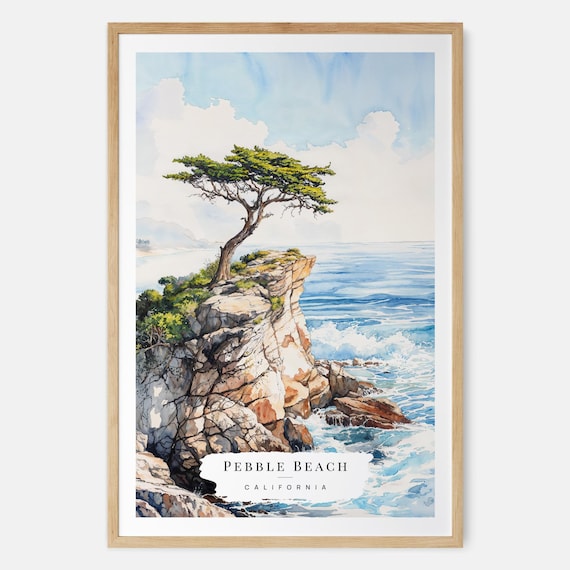 Pebble Beach California Lone Cypress Cliff Ocean Watercolor Poster
