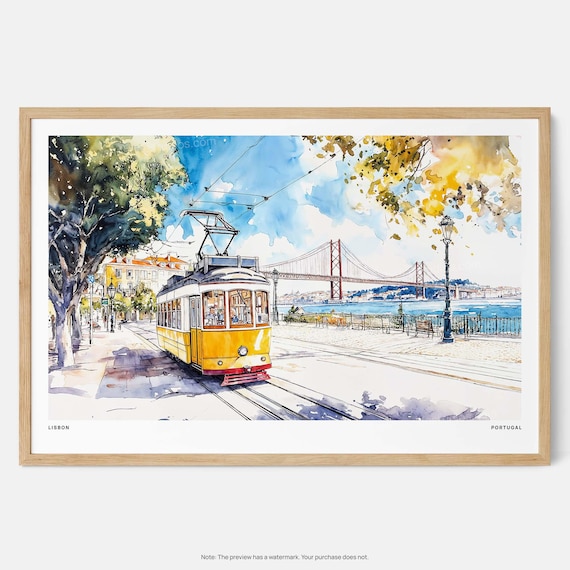 Lisbon Yellow Tram Watercolor Art Print Scenic Portugal Cityscape Wall Decor