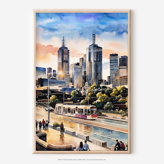 Melbourne Skyline Wall Art Watercolor Cityscape For Instant Print