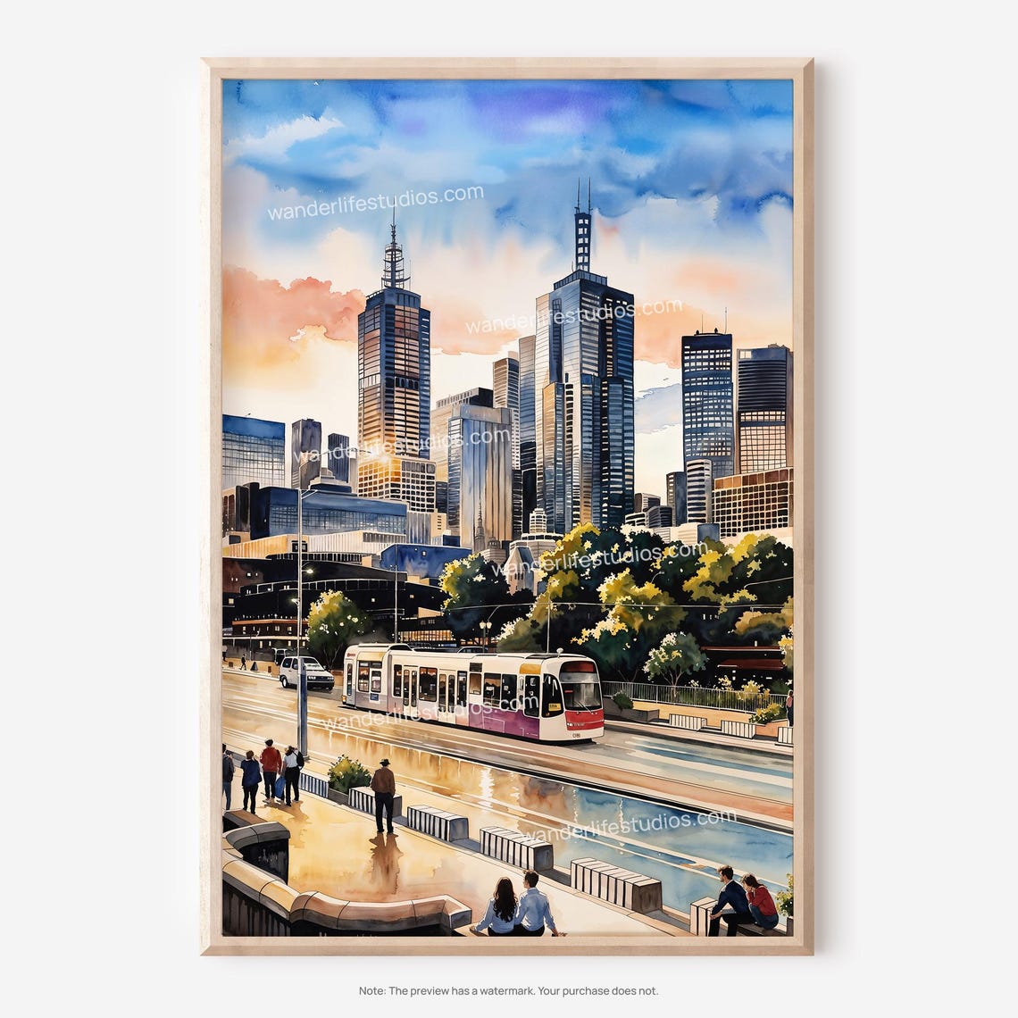 Melbourne Skyline Tram River Sunset Watercolor Travel Art Poster