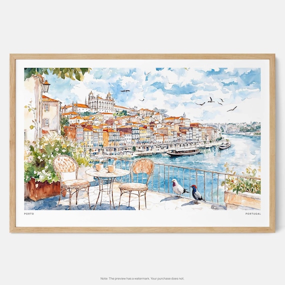 Porto Portugal Art Print Watercolor Caf View With River And Cityscape