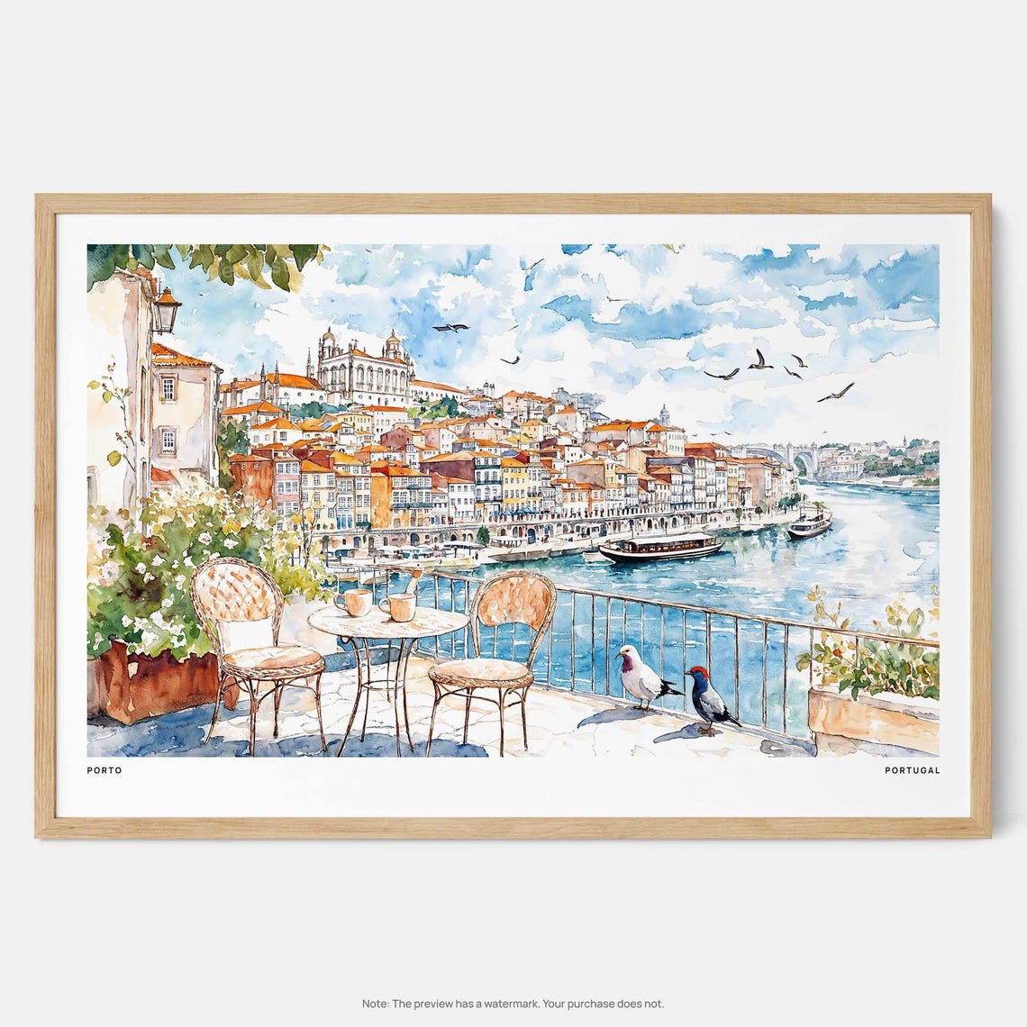 Porto Portugal Art Print Watercolor Caf View With River And Cityscape
