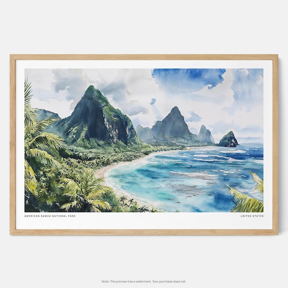 American Samoa National Park Watercolor Tropical Coast Poster