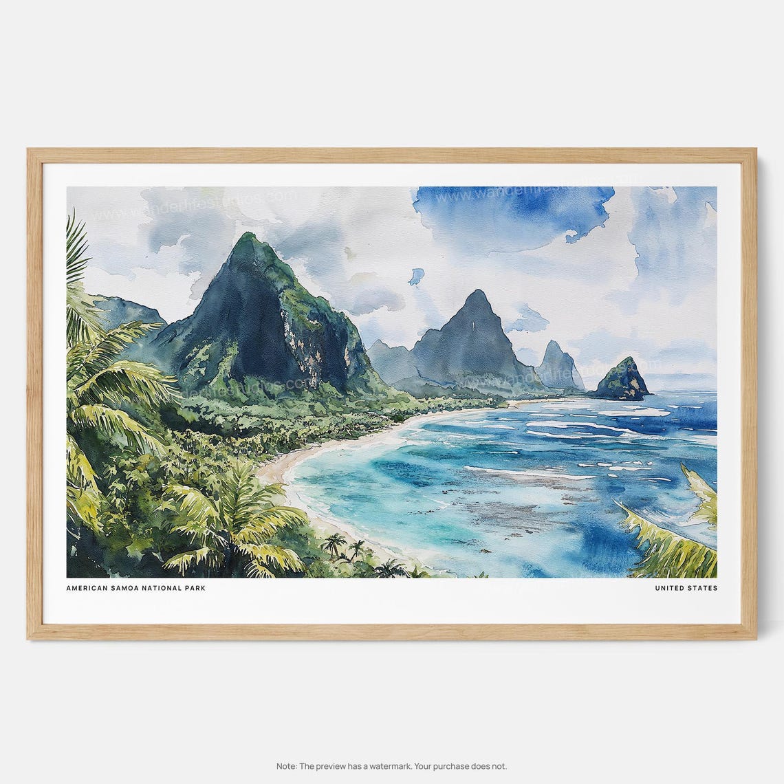 American Samoa National Park Watercolor Tropical Coast Poster