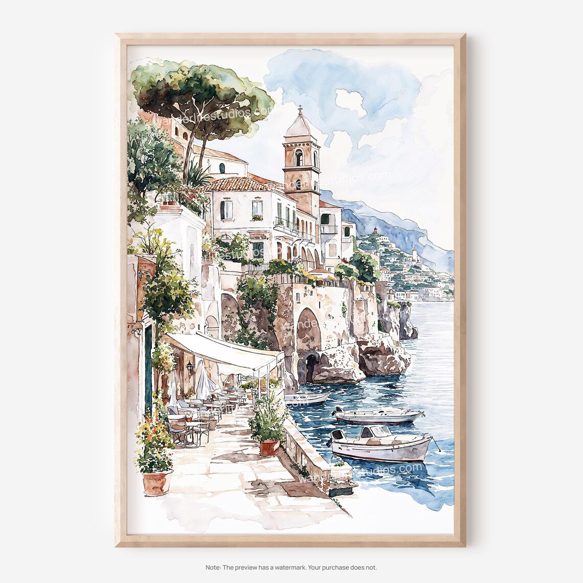 Amalfi Coast Village Watercolor Poster With Boats And Seaside Cafe