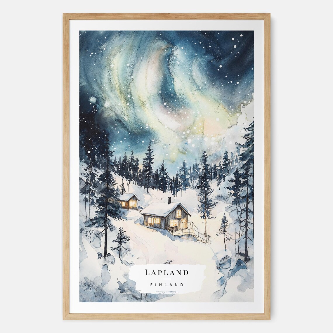 Lapland Finland Watercolor Art Print, Travel Poster