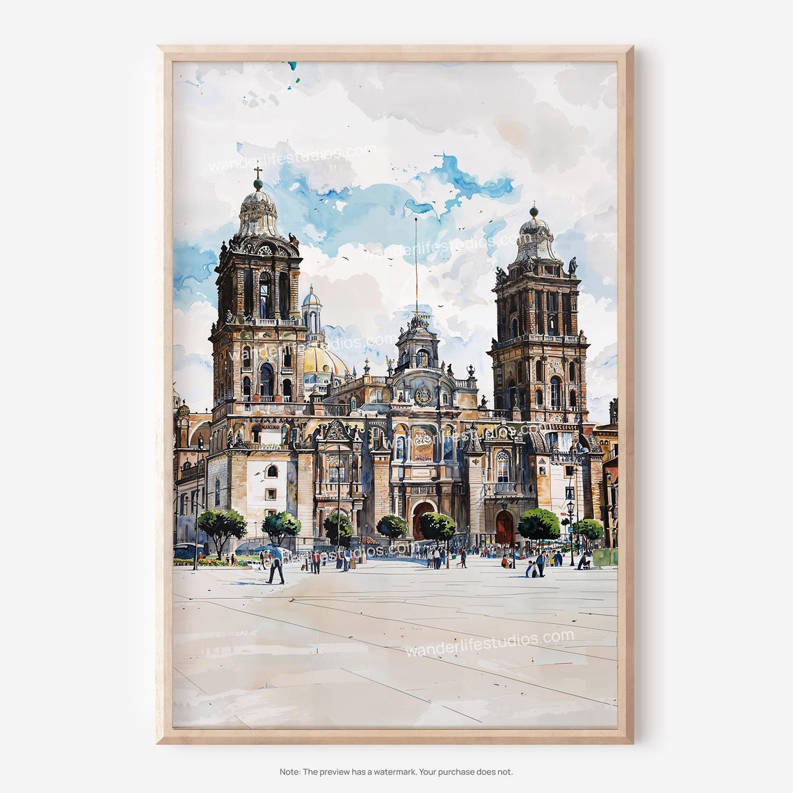 Mexico Metropolitan Cathedral Wall Art Elegant Watercolor Illustration