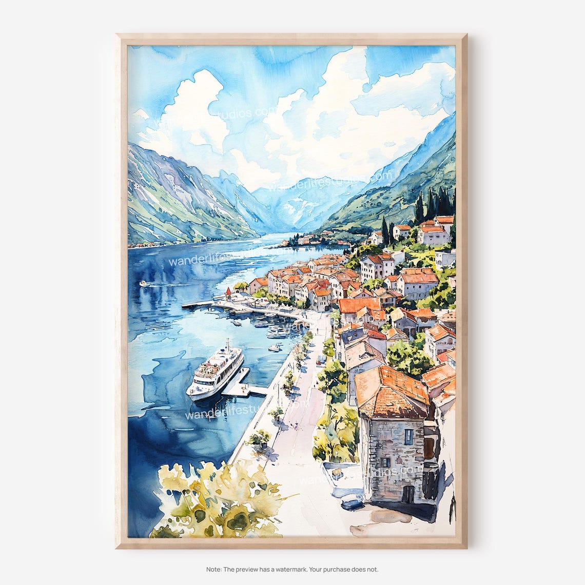 Montenegro Bay Of Kotor Red Roofed Coastal Town Watercolor Poster