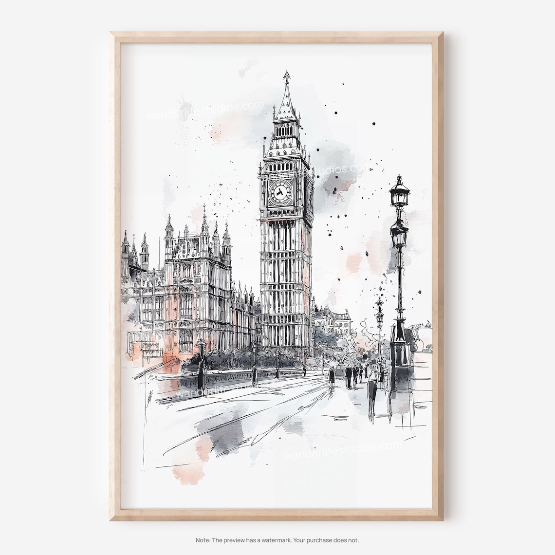 Big Ben Houses of Parliament London Watercolor Sketch Cityscape Poster