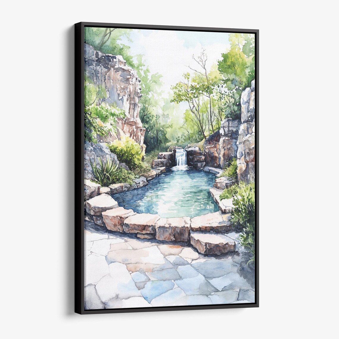 Hot Springs Waterfall Rock Pool Watercolor Nature Grotto Landscape Poster