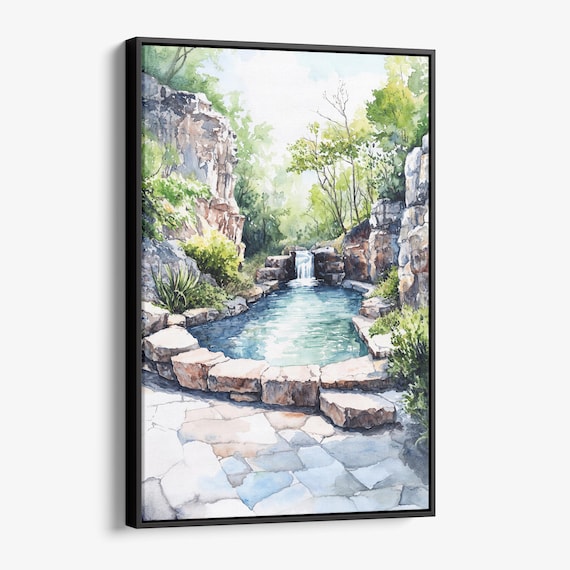 Hot Springs Waterfall Rock Pool Watercolor Nature Grotto Landscape Poster