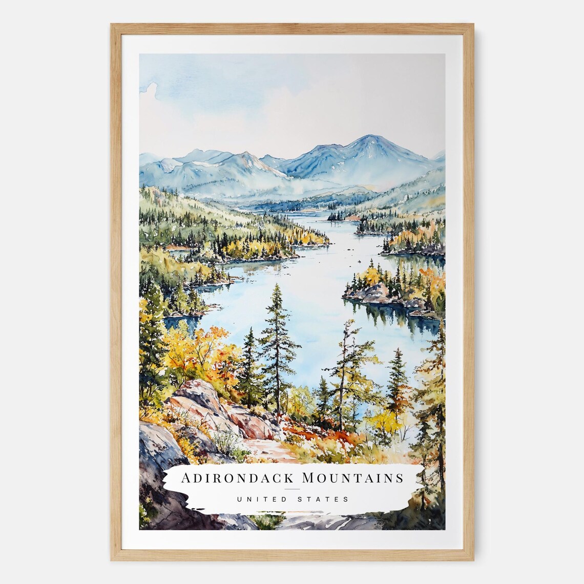 Adirondack Mountains United States Watercolor Lake Travel Poster