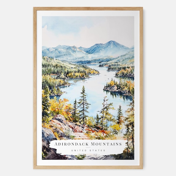 Adirondack Mountains United States Watercolor Lake Travel Poster