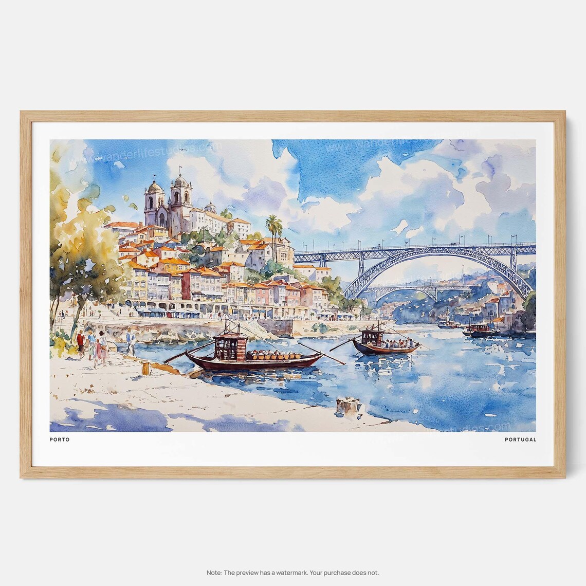Porto Portugal Watercolor Art Print, River Landscape