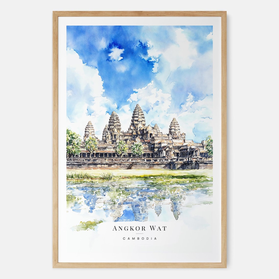 Angkor Wat Cambodia Temple Watercolor Travel Poster with Blue Sky