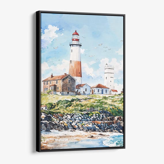Montauk Lighthouse Canvas Print Watercolor Coastal Wall Art For Home Decor