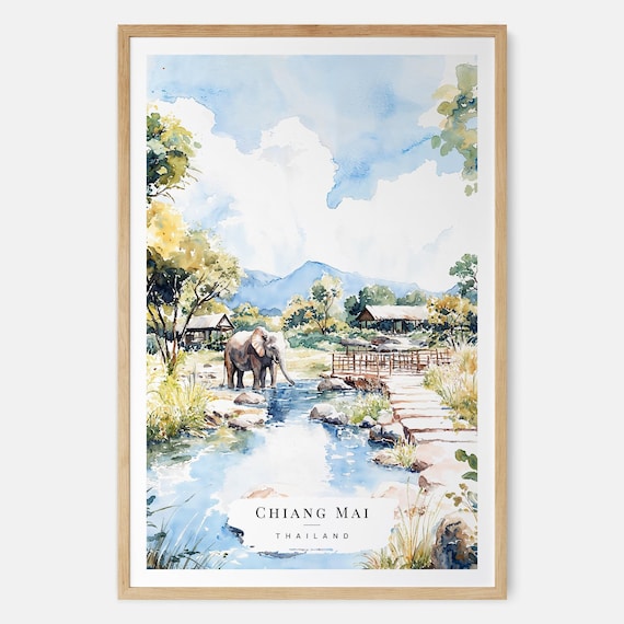 Chiang Mai Watercolor Print Thailand Wall Art Elephant Travel Decor Gift Nature Wildlife