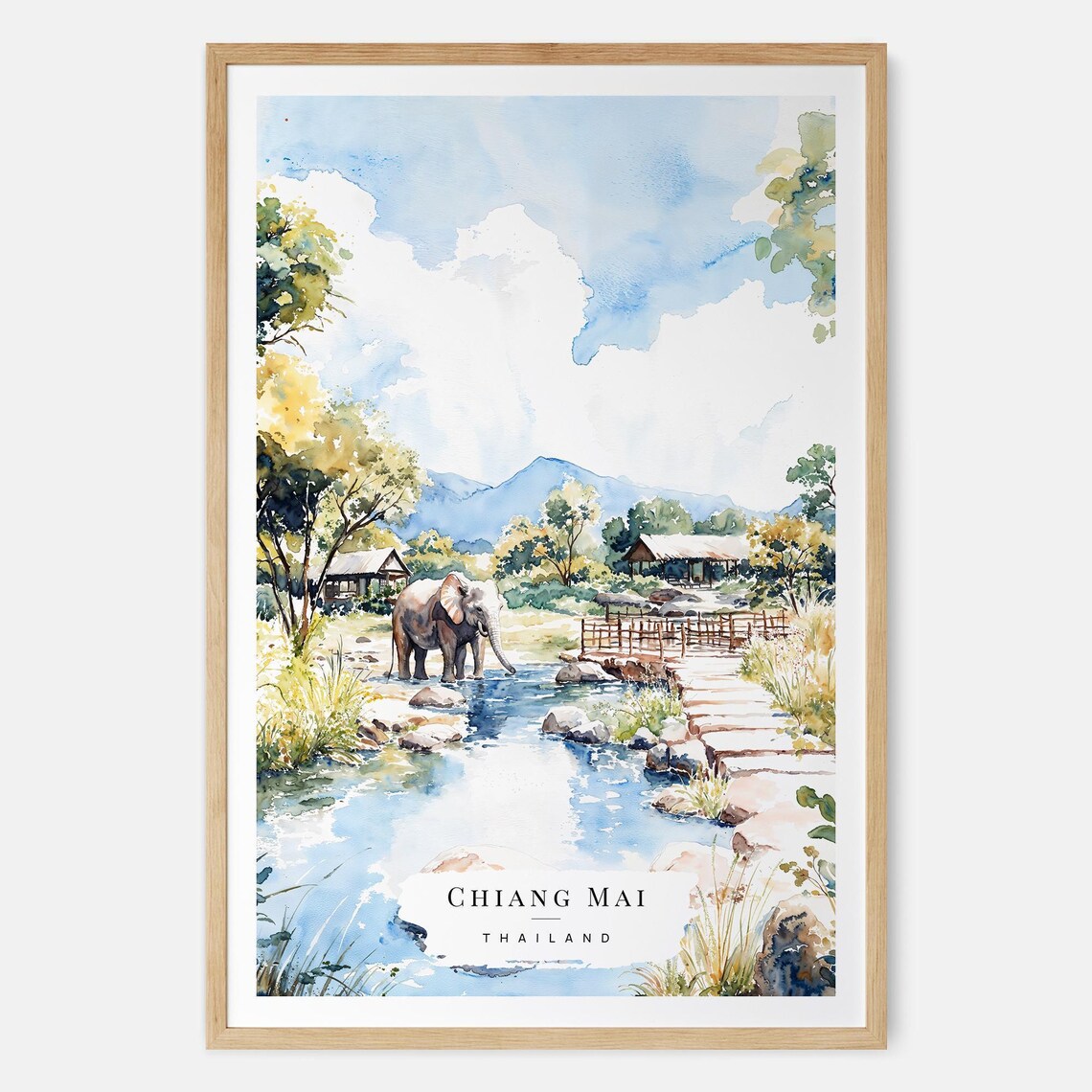 Chiang Mai Thailand Elephant River Jungle Watercolor Travel Poster