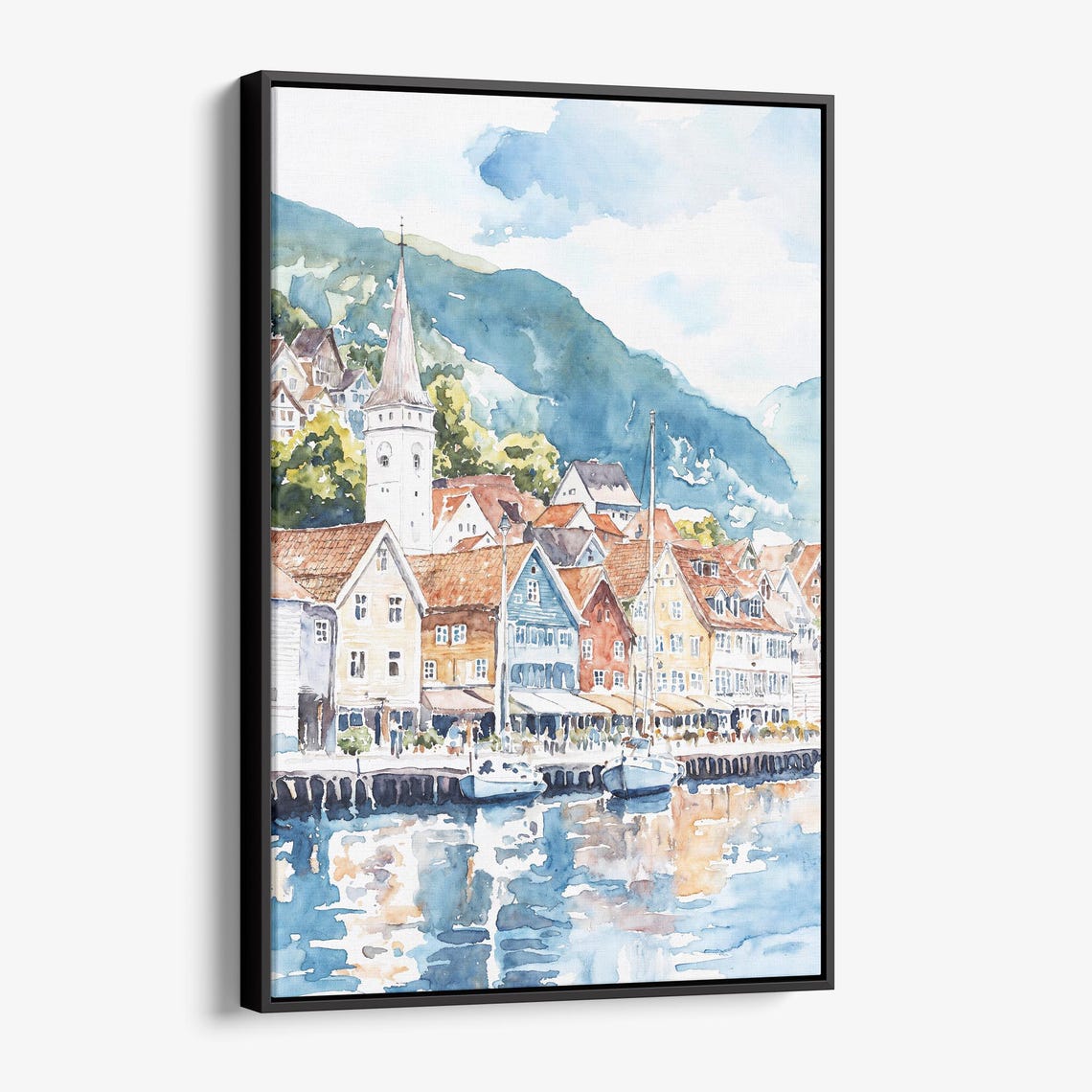 Bergen Norway Charming Waterfront Harbor Watercolor Nordic Art Poster